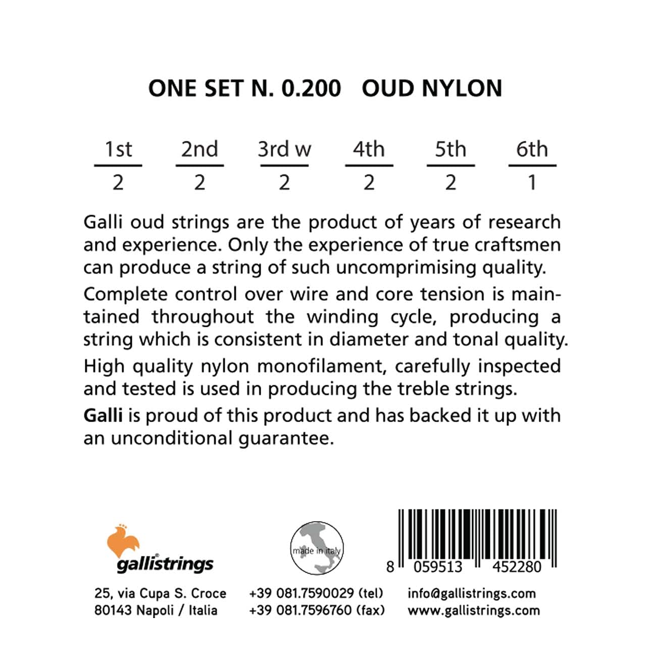 Nylon string set for oud with 11 strings in various gauges, made in Italy.
