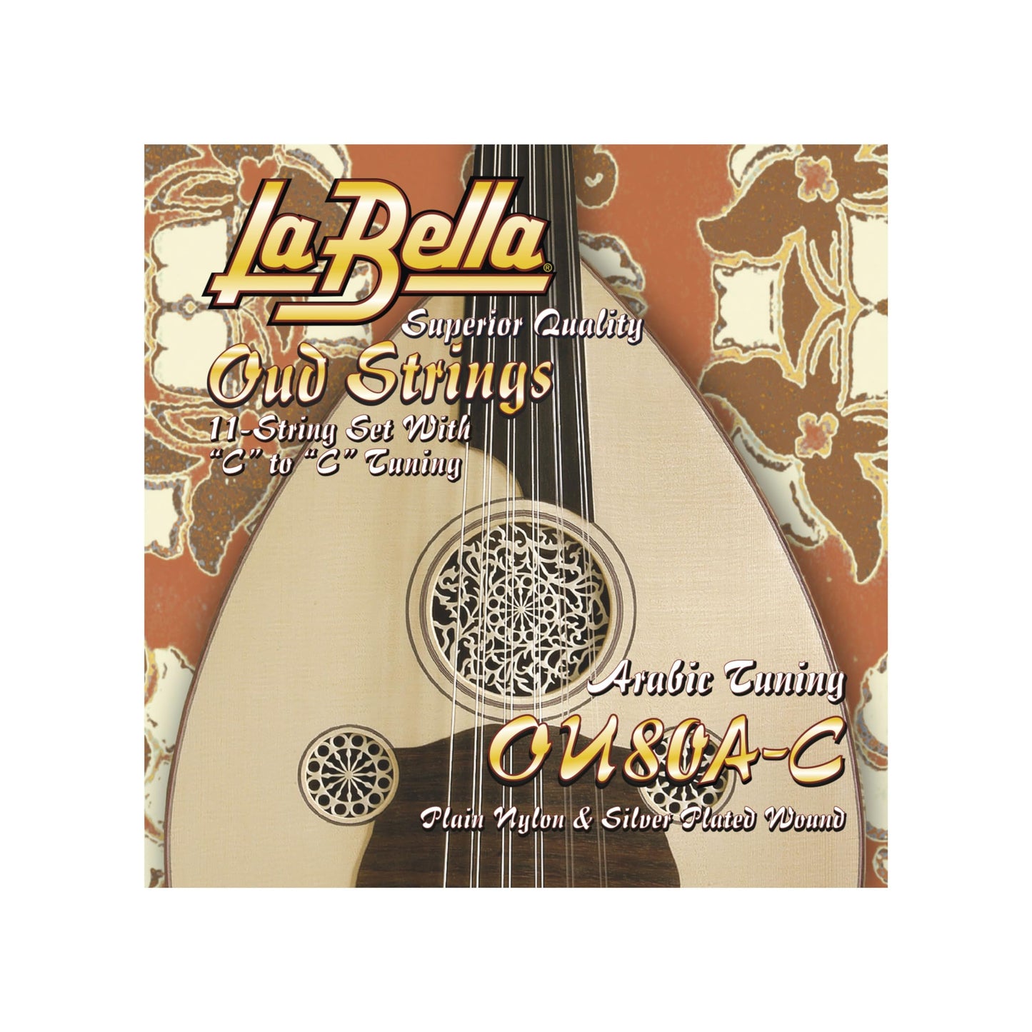 Set of 11 Arabic oud strings made of rectified nylon and silver-plated wound materials.