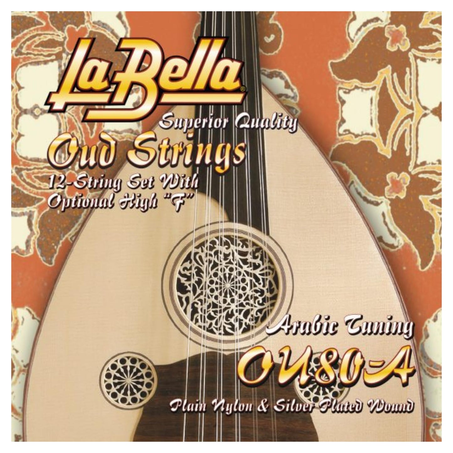 Set of 12 La Bella oud strings with plain nylon and silver plated wound design for Arabic tuning