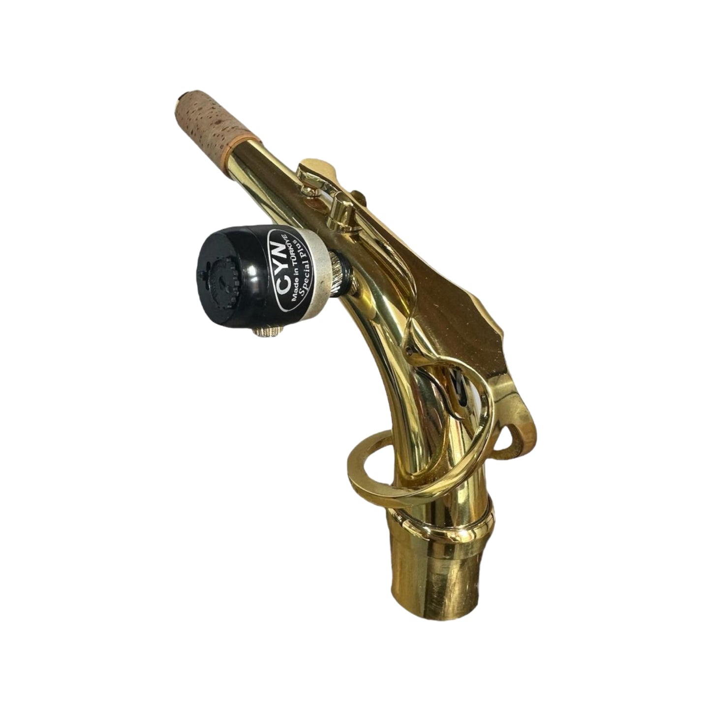 Alto saxophone neck with a 6 mm microphone mount and smooth brass finish.