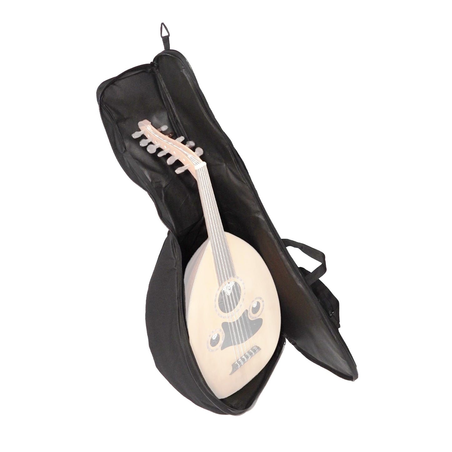 Padded gigbag case for ouds with adjustable shoulder straps and zippered accessory pouch.