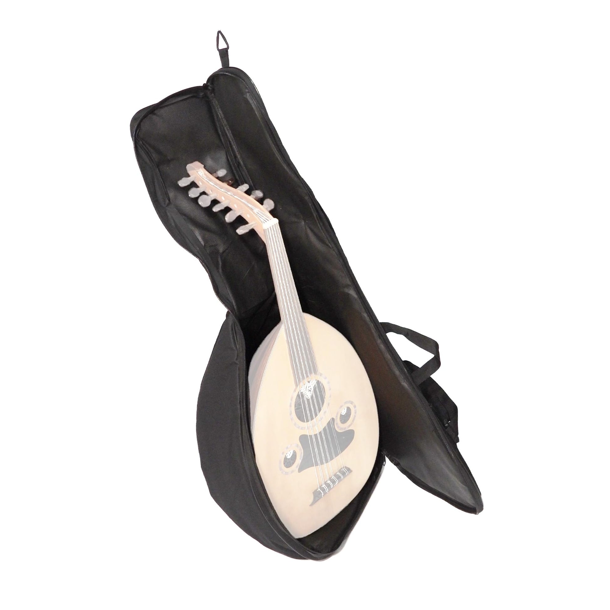 Padded gigbag case for ouds with adjustable shoulder straps and zippered accessory pouch.