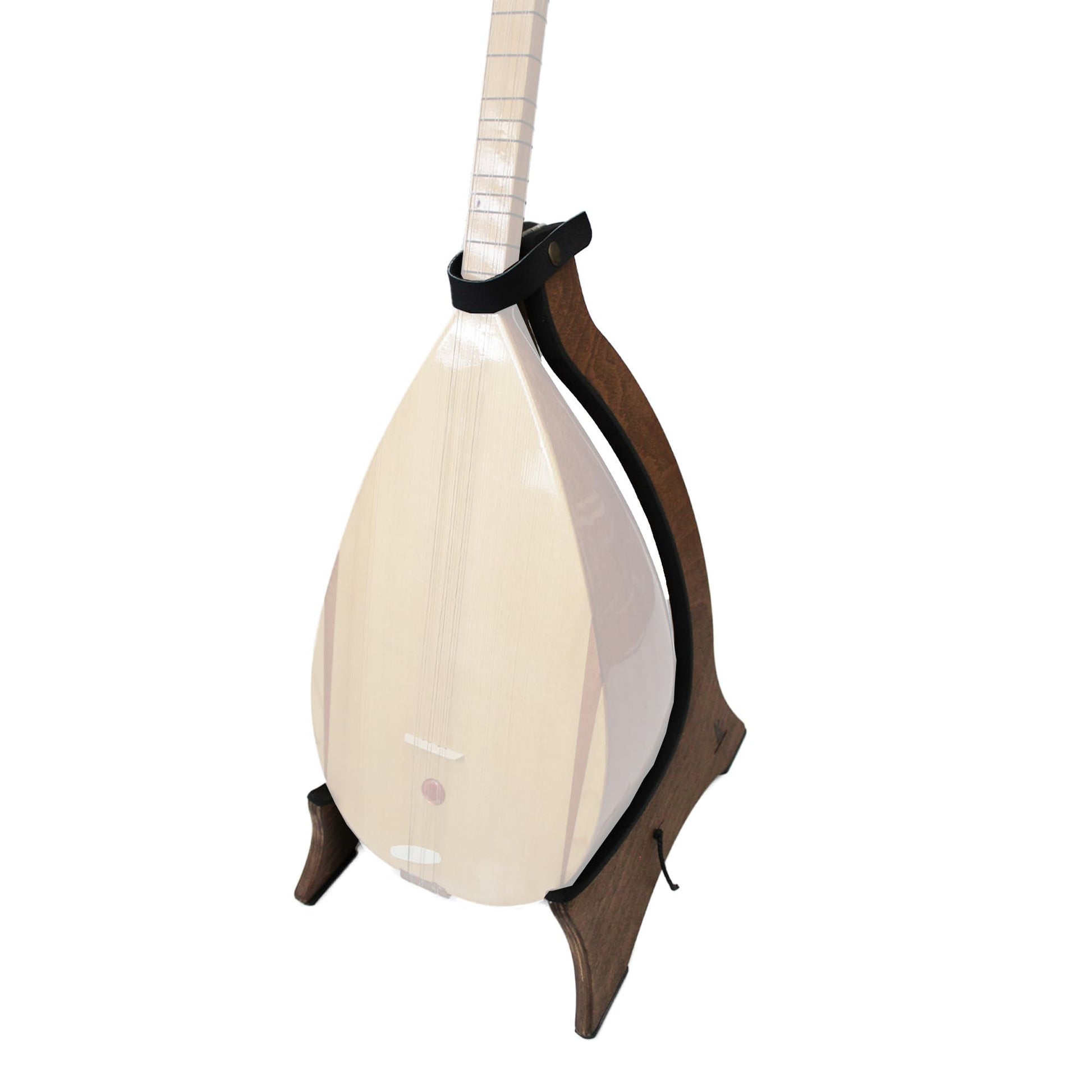 Handcrafted wooden stand for bouzoukis, mandolins, and baglamas, featuring a foldable design.