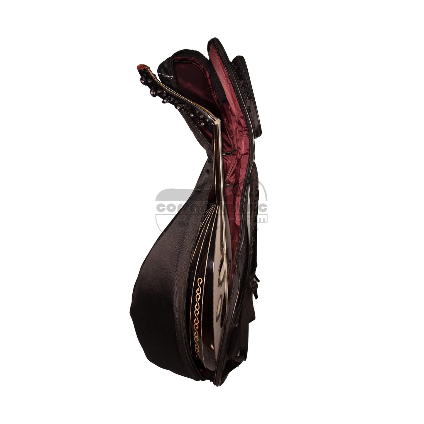 Padded gigbag case for ouds with shoulder straps and zippered pouches for accessories.