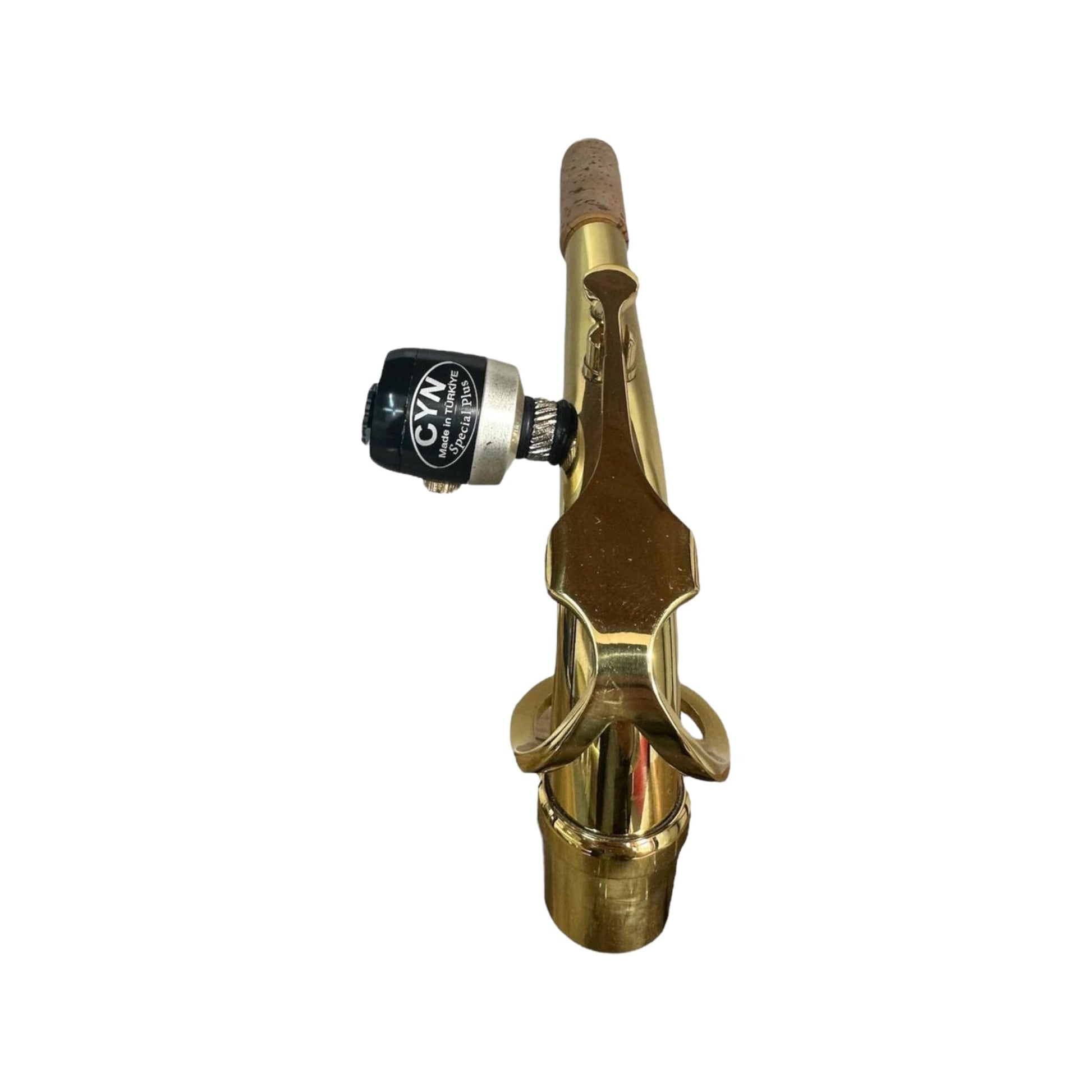 Alto saxophone neck with a 6 mm microphone mount and smooth brass finish.