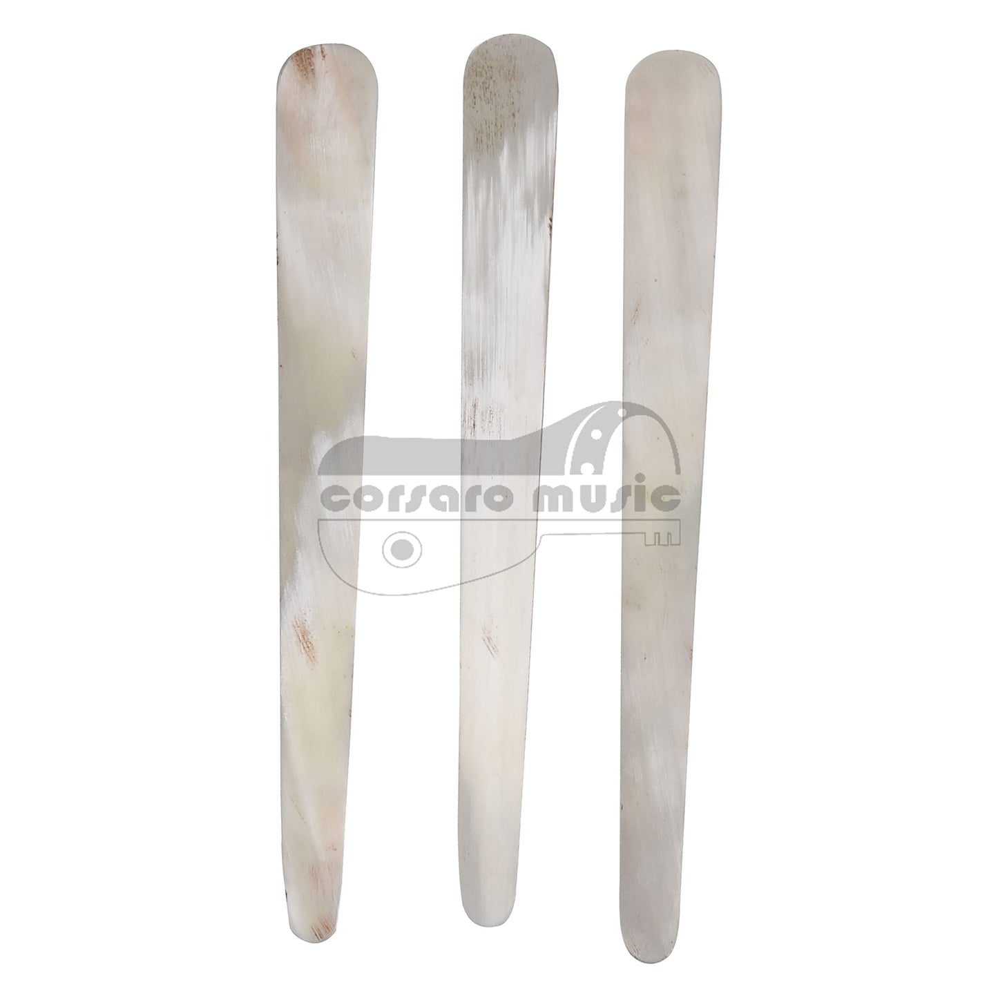 Set of three polished cow horn picks for string instruments, 0.7 mm thick