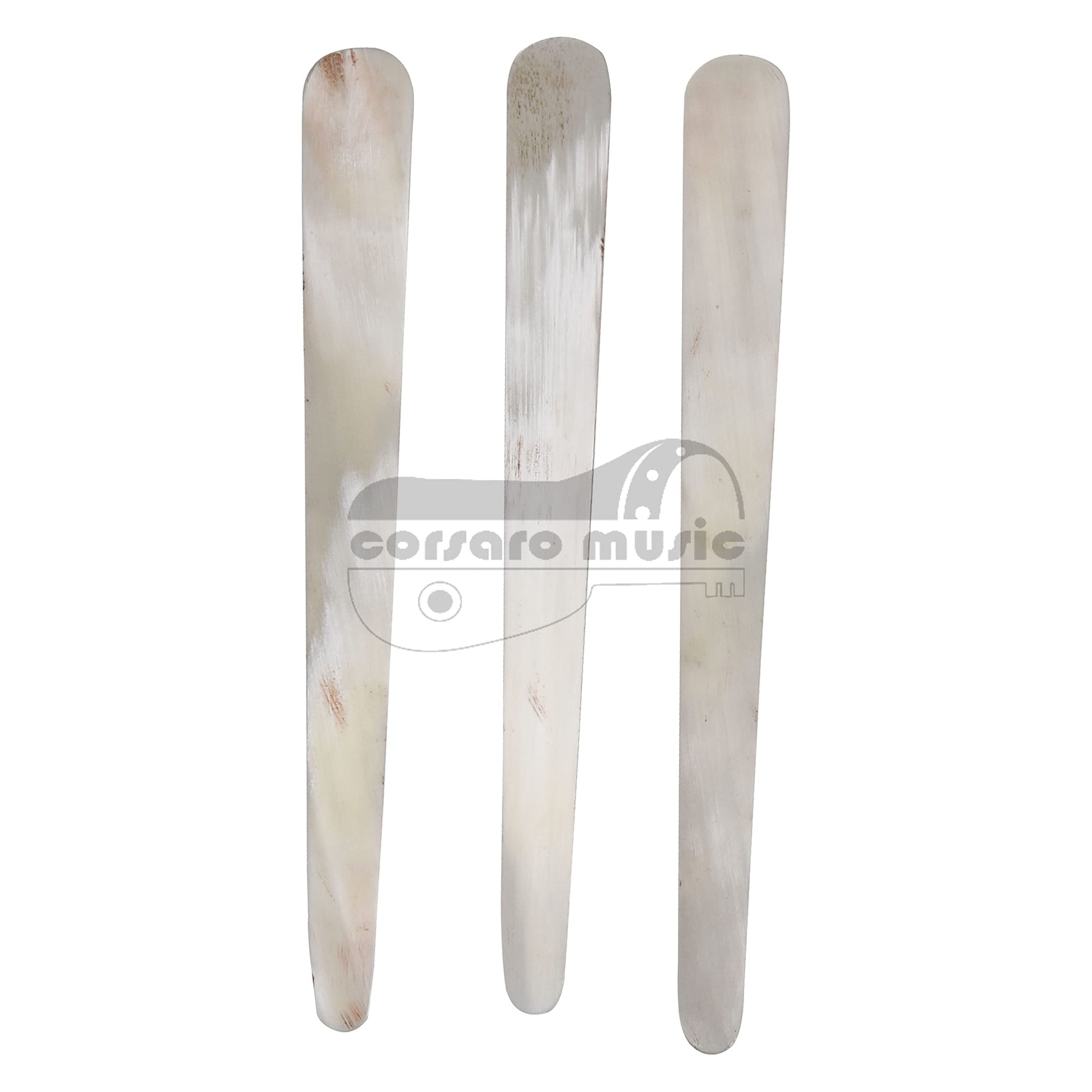 Set of three polished cow horn picks for string instruments, 0.7 mm thick