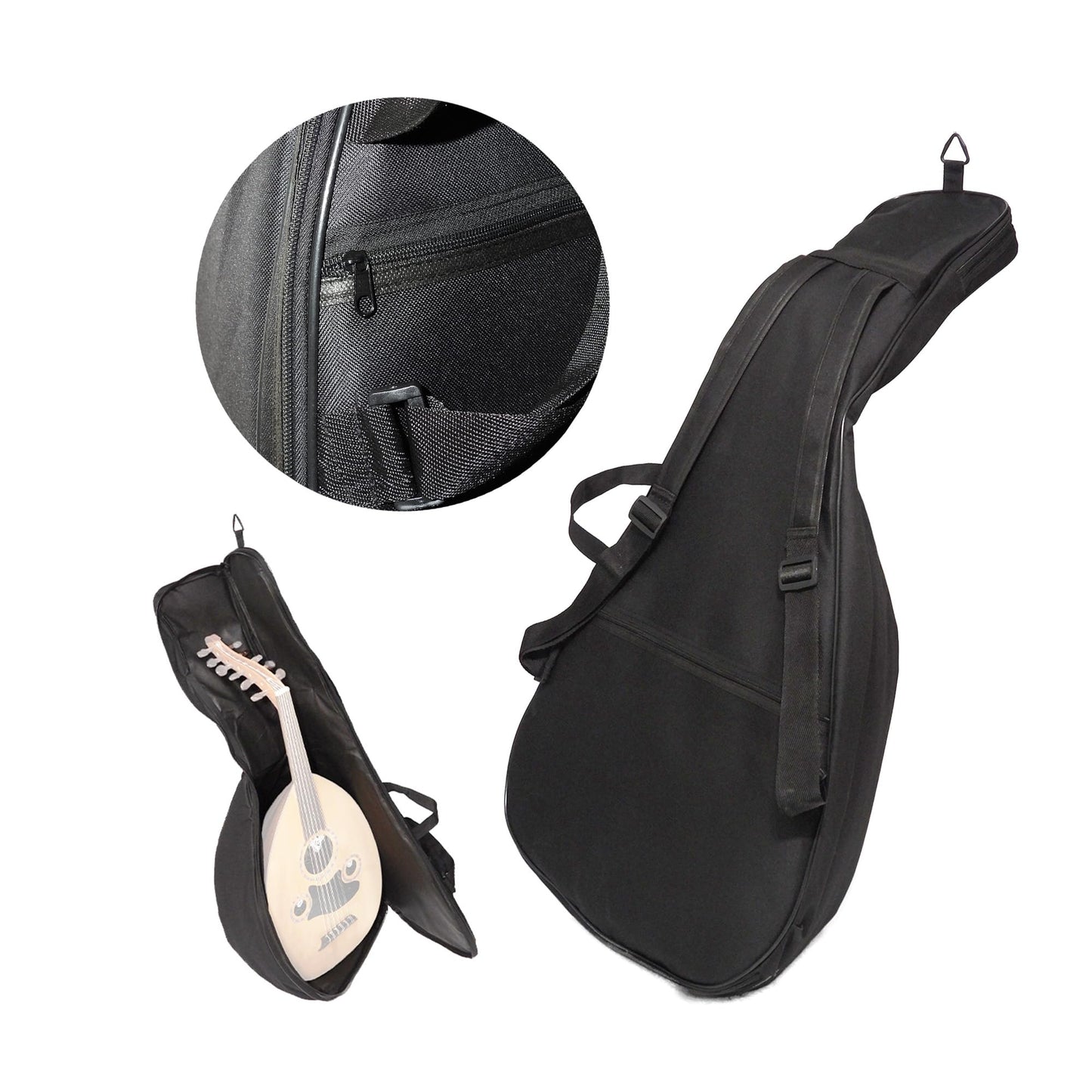 Padded gigbag case for ouds with shoulder straps and zippered pouches for accessories.