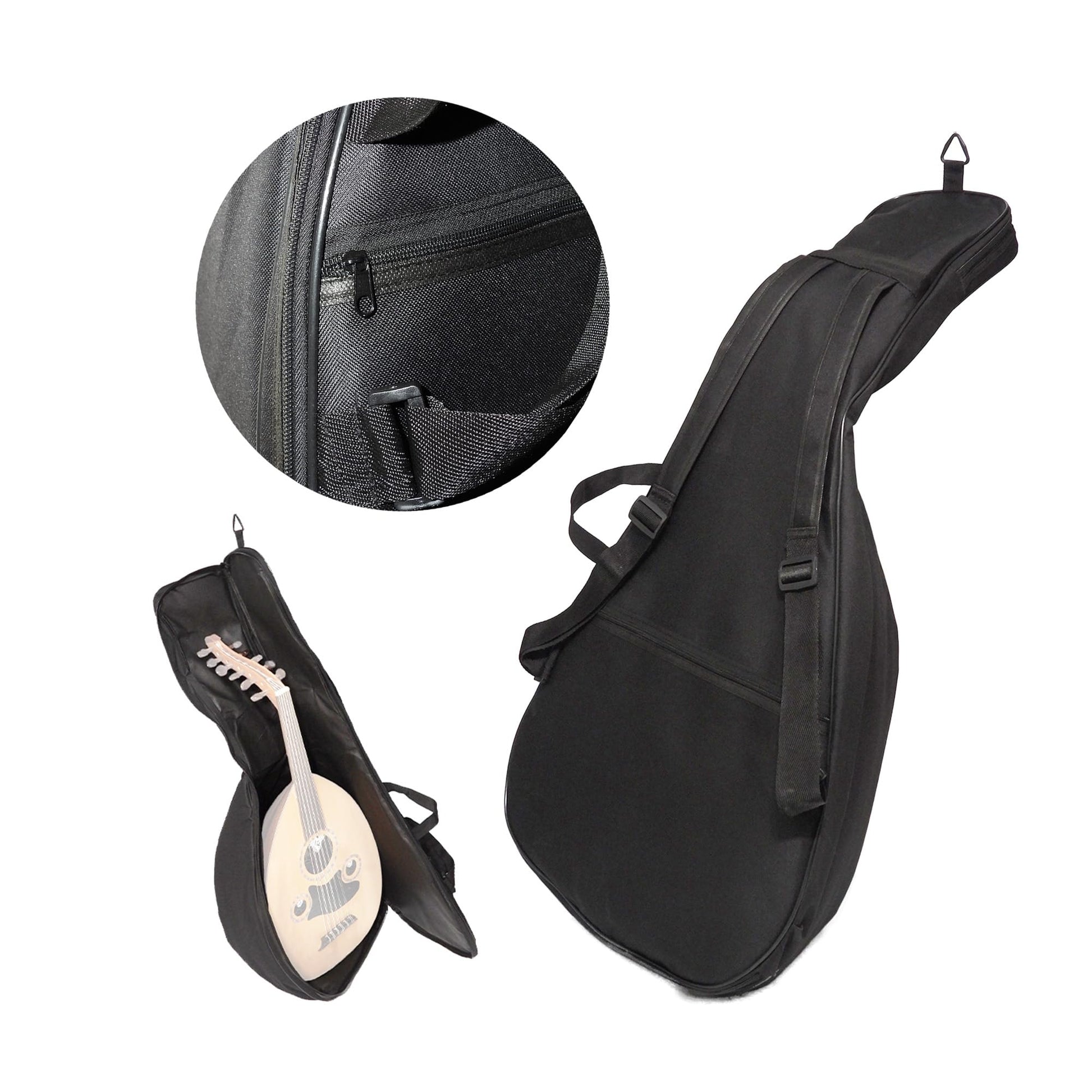 Padded gigbag case for ouds with shoulder straps and zippered pouches for accessories.