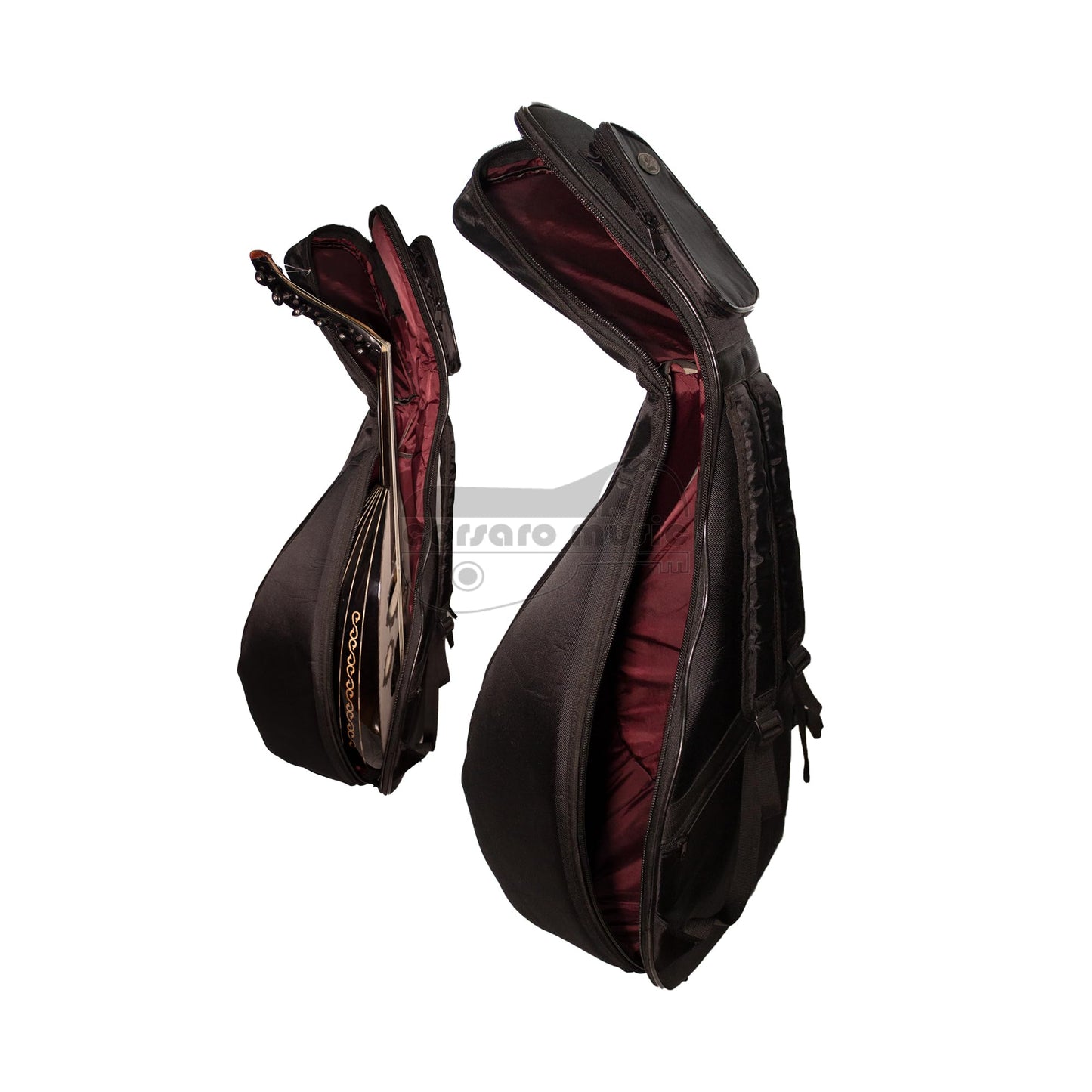 Padded gigbag case for ouds with shoulder straps and zippered pouches for accessories.