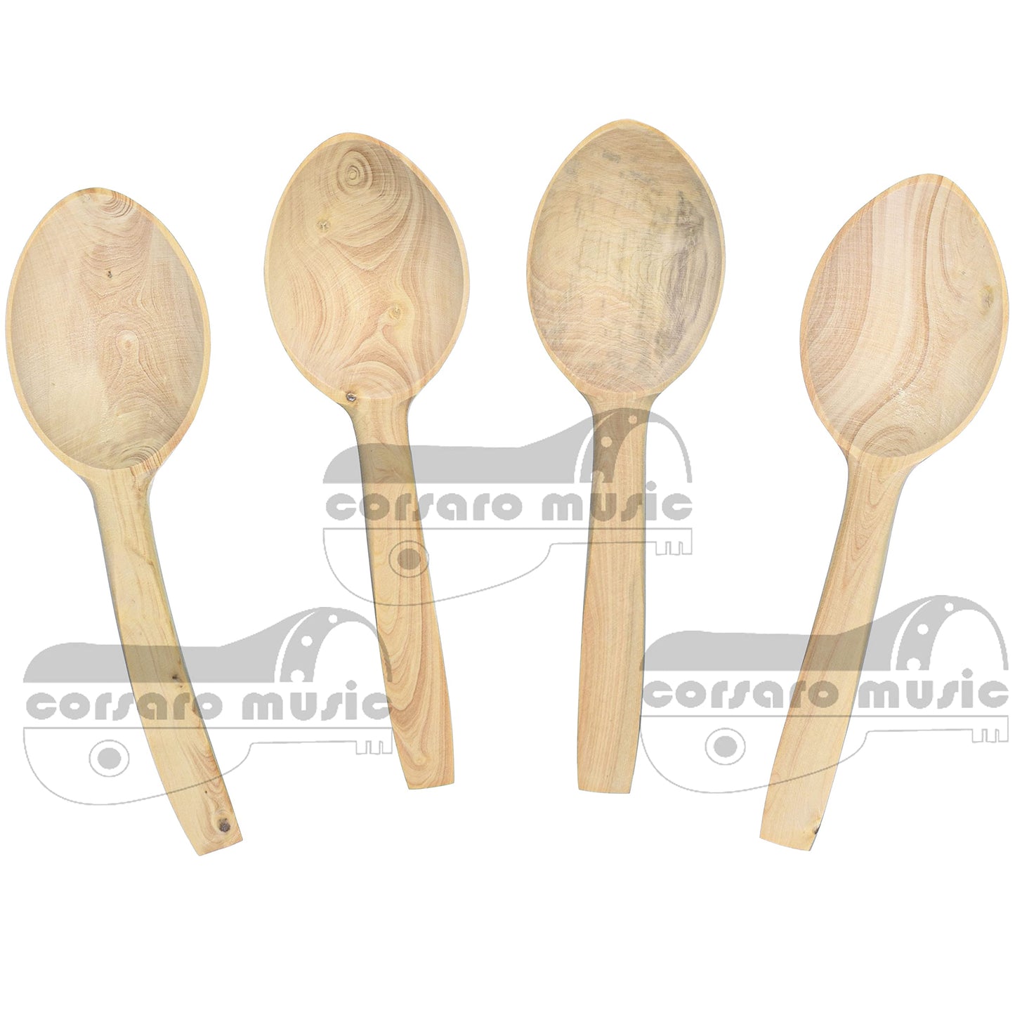 Set of four hand-carved boxwood musical spoons from Turkey with natural finish.