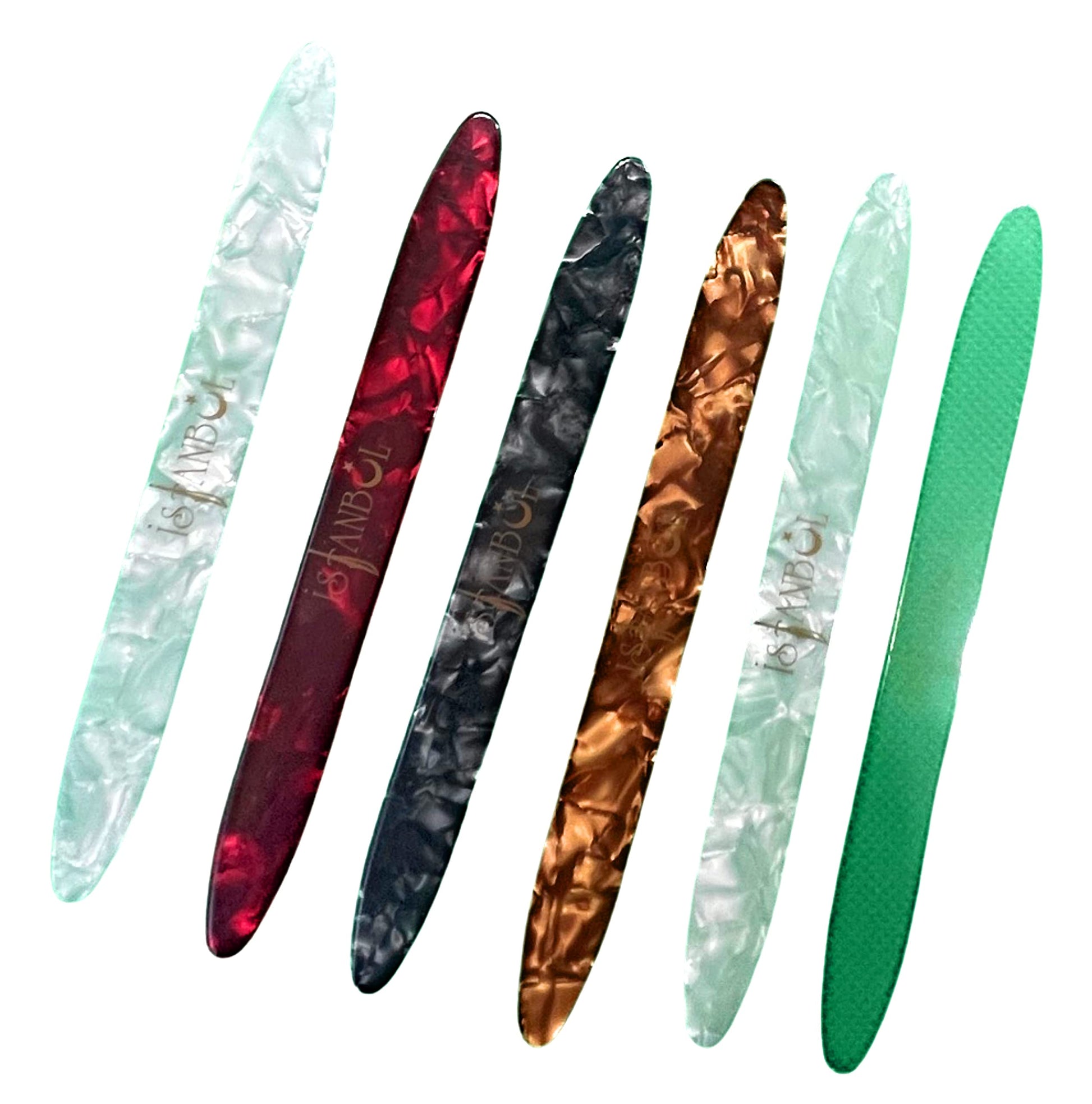 Set of 6 Istanbul celluloid oud picks in various colors, 0.46 mm thickness.