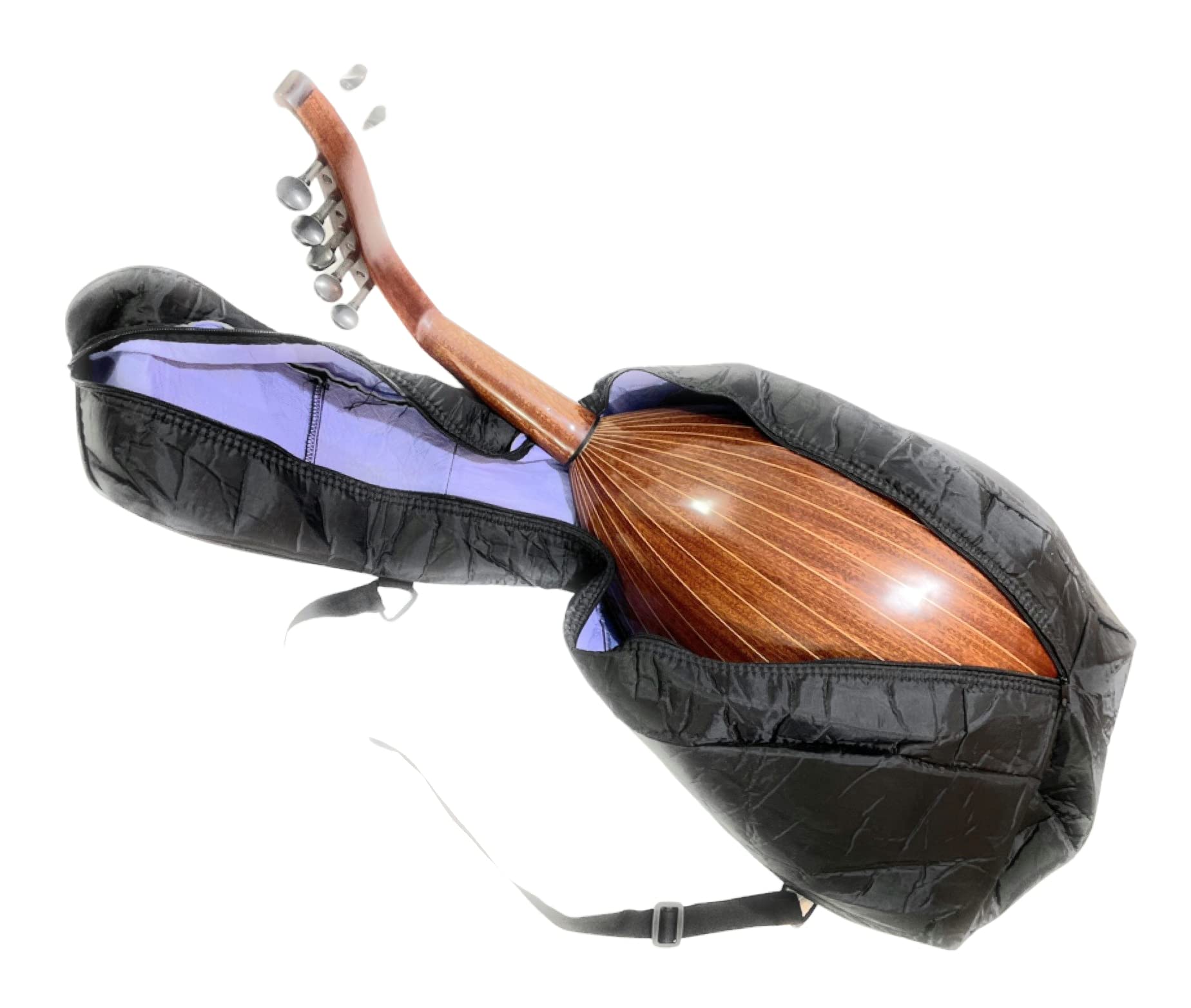 Soft gig bag for oud with adjustable strap and zipped pouch for accessories.