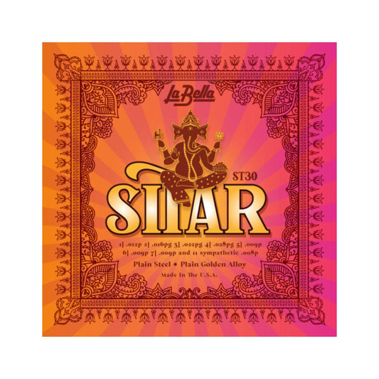 Plain steel and golden alloy loop-end sitar strings in various gauges, packaged for freshness.