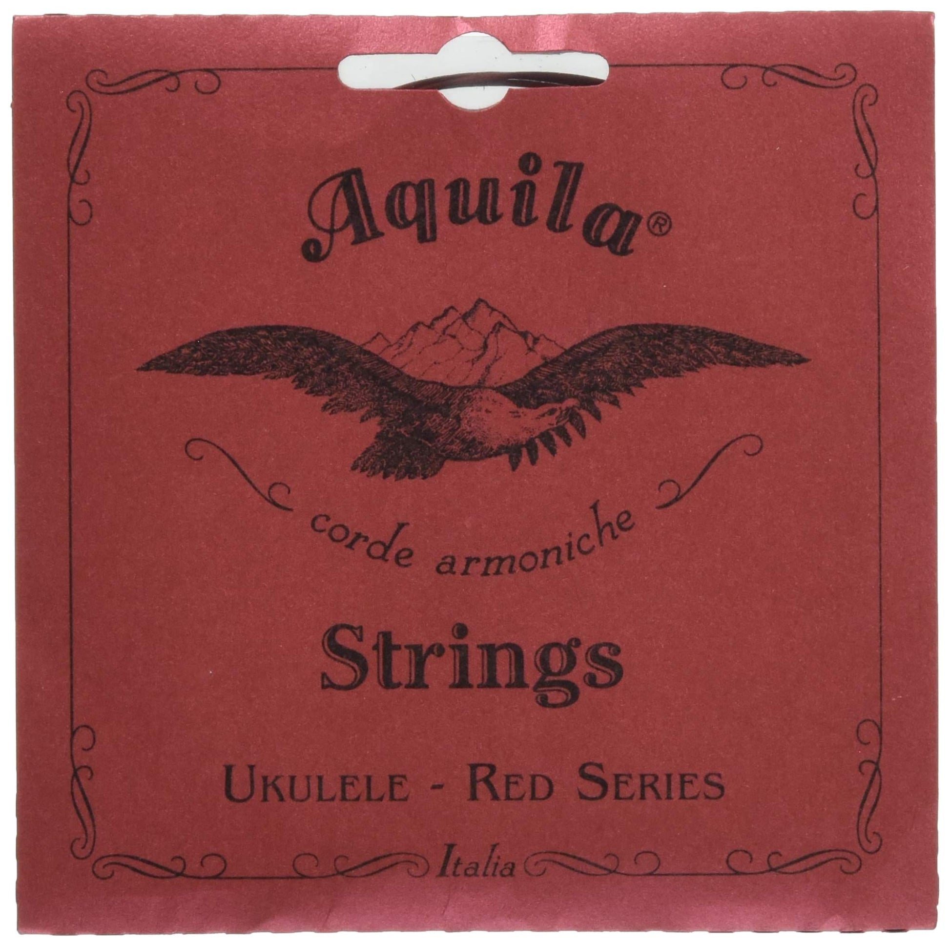 Red-brown Aquila Banjo Ukulele with four nylon-copper blend strings in G C E A tuning