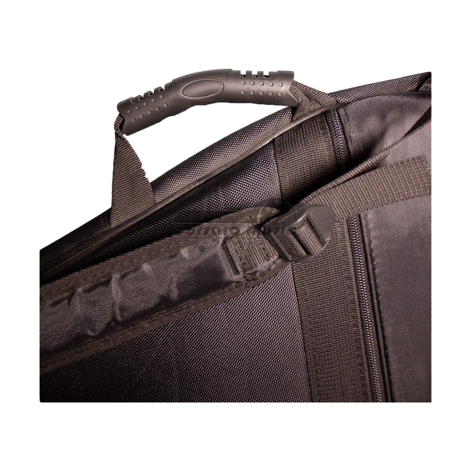 Padded gigbag case for ouds with shoulder straps and zippered pouches for accessories.
