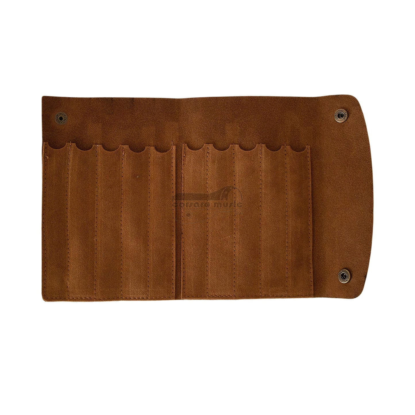 Nubuck leather wallet designed to hold up to 10 mizrabs or rishas with a soft velvet surface.
