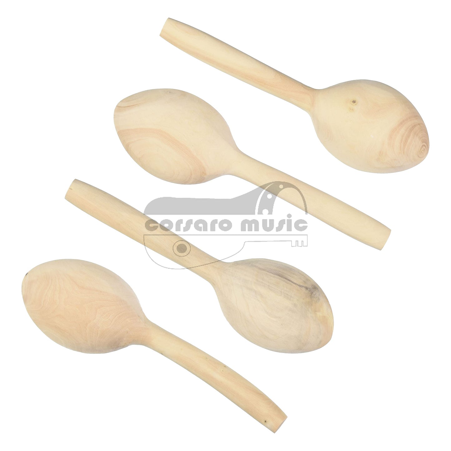 Set of four hand-carved boxwood musical spoons from Turkey, unvarnished and natural.