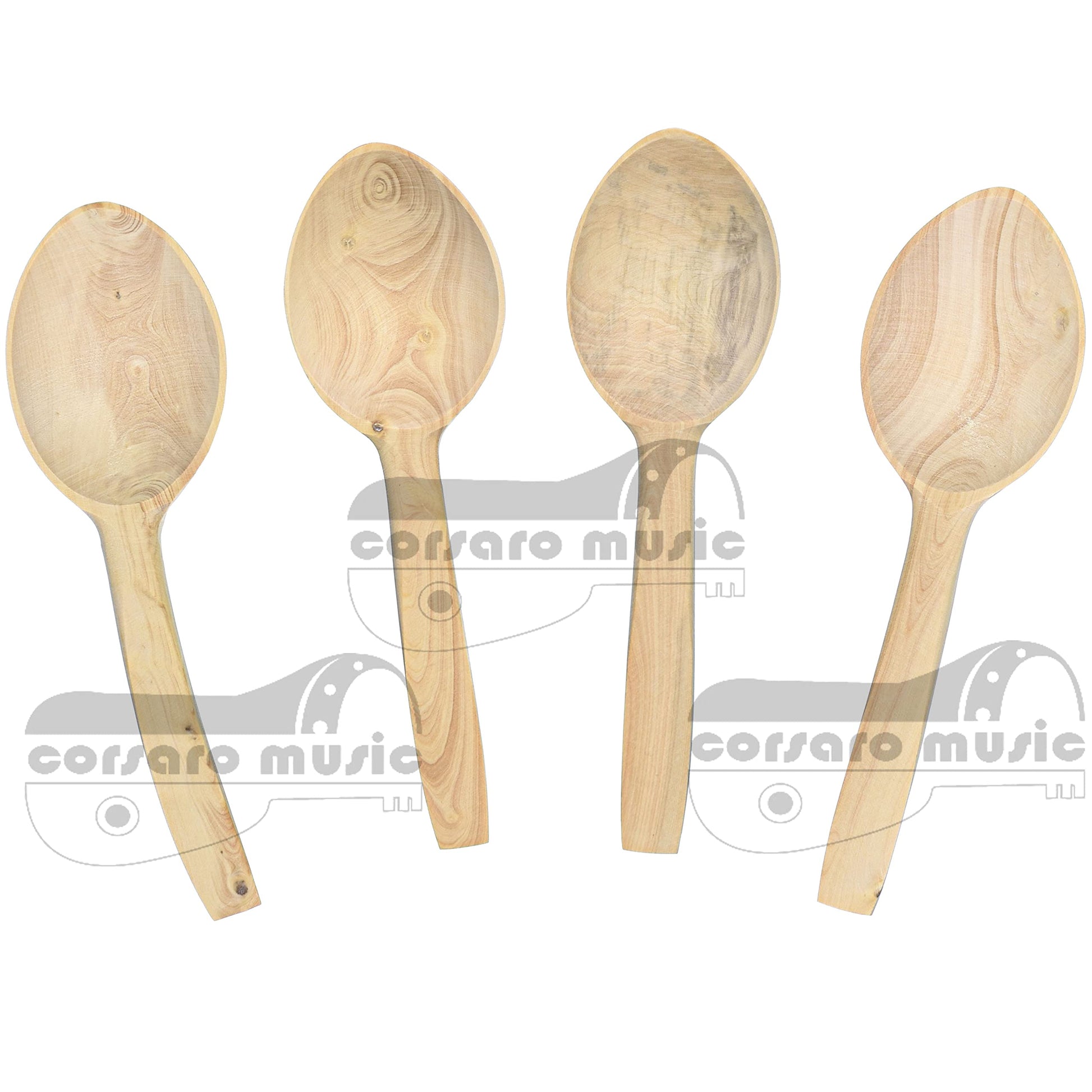 Set of four hand-carved boxwood musical spoons from Turkey with natural finish.